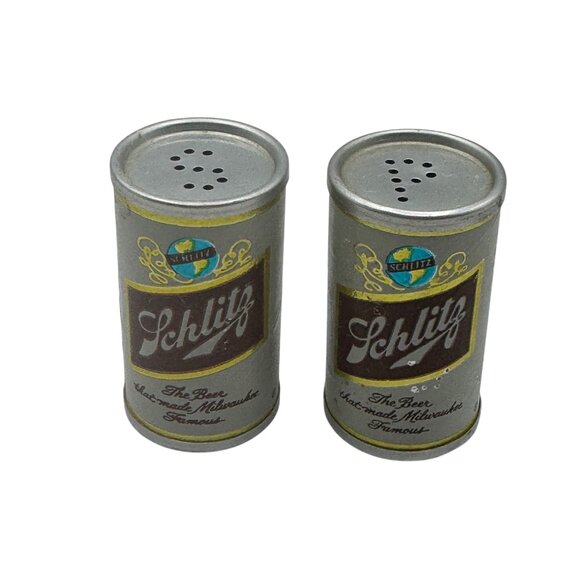 Vintage Schlitz Salt & Pepper Shaker Set Beer Can Design Collectible Metal Tin - Picture 1 of 4